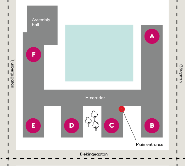 Illustration of the school area with entrances A–F. You can access the main entrance from the corner of Blekingegatan and Åsögatan.